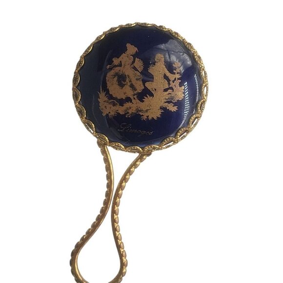 Limoges Handheld Small Mirror Colbalt Blue Gilt Courting Couple Gold Plate Frame - Picture 1 of 11